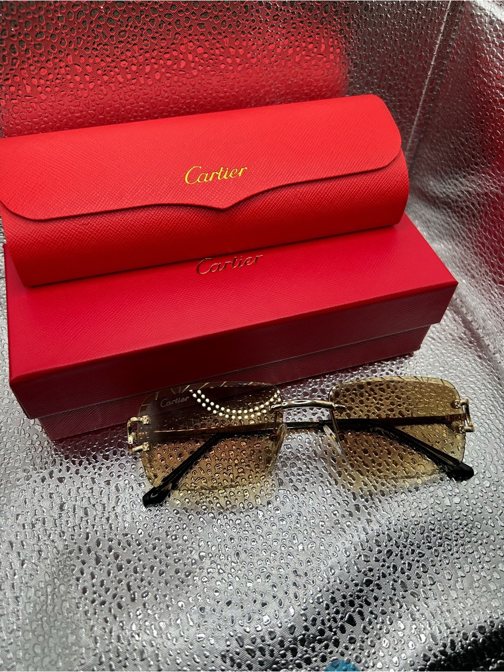 Gold Rimless Sunglasses with Brown Gradient Lenses and Red Case